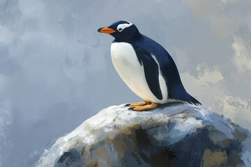 Fototapeta premium Penguin on a rock, A penguin perched on a rock, showcasing its distinctive black and white plumage against a rugged backdrop