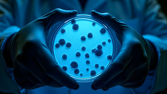 Gloved Hands Create Silhouette of Bacterial Colonies