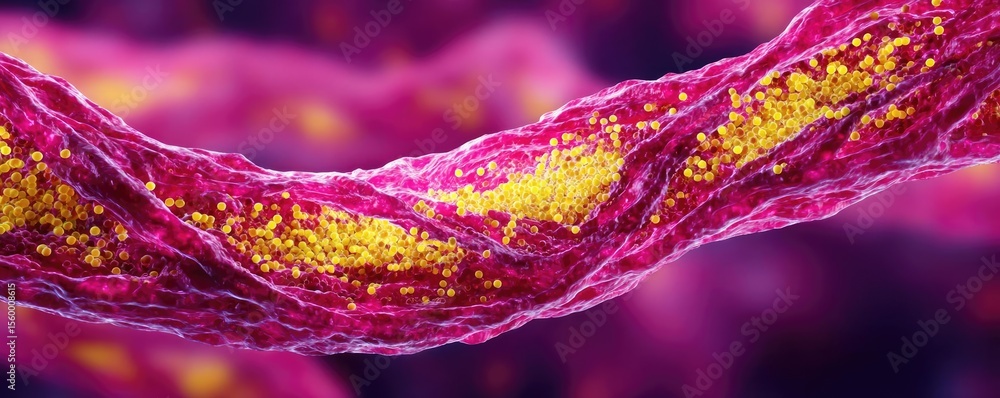 Poster low sodium and inactive lifestyle in plaque buildup concept. microscopic view of vibrant cells with 