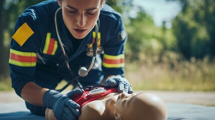 Emergency medical professional performs CPR training on a dummy in a natural setting on a sunny day