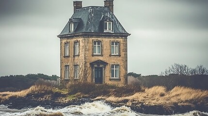 Isolated coastal house with storming waves and dramatic skies portraying resilience and