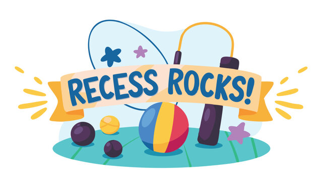 Illustration of recess themed items including a jump rope, balls, and a banner that says recess rocks