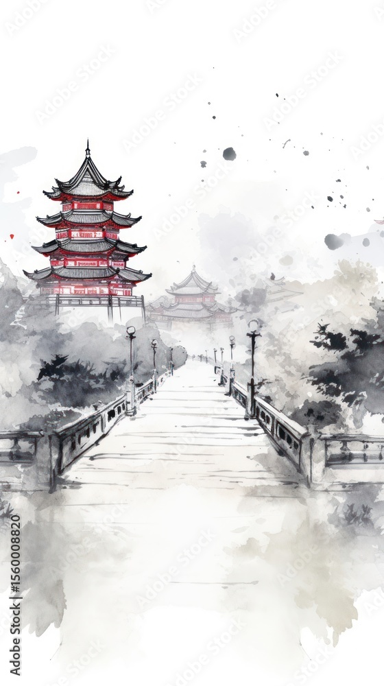 Poster ink painting minimal of architecture building pagoda temple.