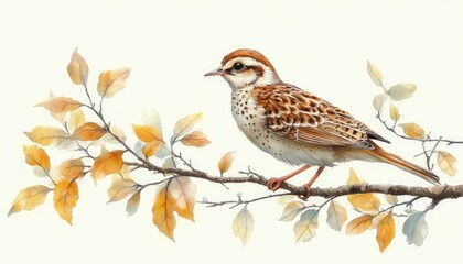 Detailed illustration of a small bird perched on a branch with autumn leaves