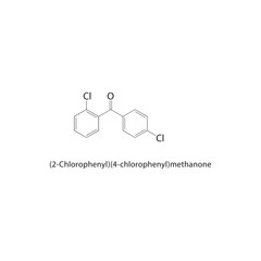 (2-Chlorophenyl)(4-chlorophenyl)methanone skeletal structure. Halogenated diaryl ketone compound schematic illustration. Simple diagram, chemical formula.