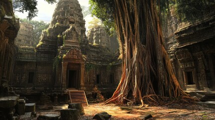Ancient temple overgrown with trees