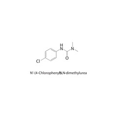 N’-(4-Chlorophenyl)-N,N-dimethylurea skeletal structure. Halogenated urea derivative compound schematic illustration. Simple diagram, chemical formula.