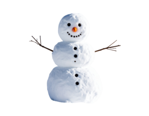  Cheerful Snowman with Carrot Nose and Button Eyes in Snowy Winter Landscape, Isolated PNG