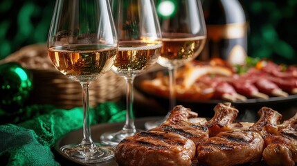 Golden wine glasses toast beside grilled meat an elegant celebration in dim