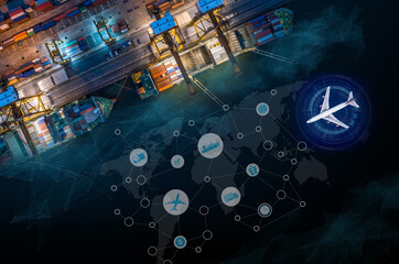 Aerial view and top view cargo plane flying above ship port coverage world map import-export business and logistics international goods. Shipping cargo to harbor by crane