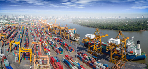 Logistics and transportation of Container Cargo ship and Cargo plane with working crane bridge in shipyard at sunrise, logistic import export and transport industry background