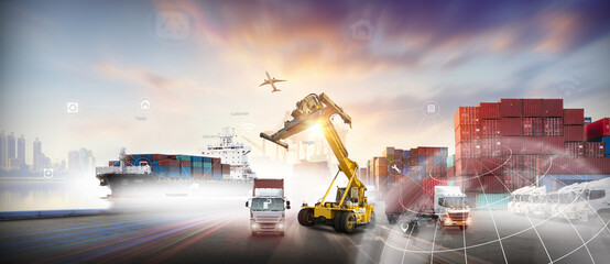 Smart technology logistics concept, Businessman touching virtual screen world map of Global logistics network distribution, Air cargo trucking, Rail transportation and maritime shipping