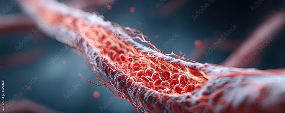 Poster low sodium and inactive lifestyle in plaque buildup concept. detailed microscopic view of a blood ve