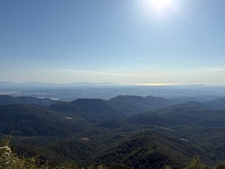 Mountain landscape with long view on the horizon to the Mediterranean Sea in Girona