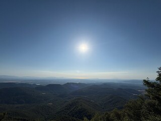 Mountain landscape with long view on the horizon to the Mediterranean Sea in Girona
