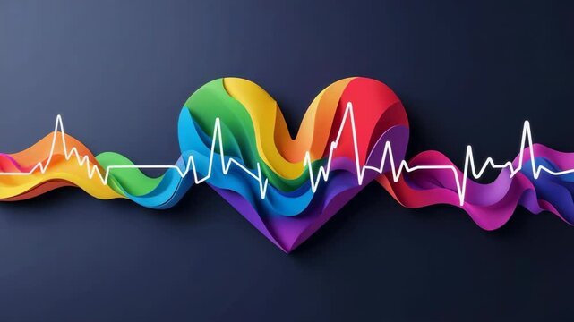 Starting ECG line entering from left edge, crossing rainbow heart on navy gradient simulating beat - Powered by Adobe