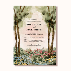 wedding invitation card with trees and floral garden landscape watercolor background