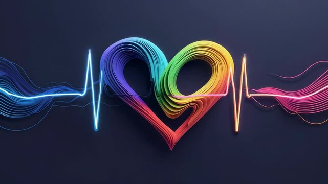 Flowing in blue waveform spiking rainbow heart on dark backdrop, shifting to cyan then looping back