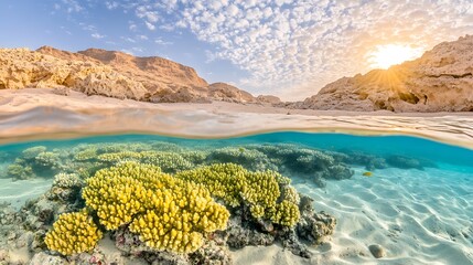 Majestic half underwater view showcasing vibrant coral reef and desert coastline