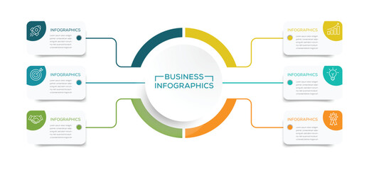 Vector infographic label design with circle infographic template design and 6 options or steps. Can be used for process diagram, presentations, banner, flow chart, info graph.