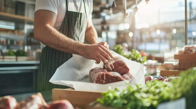Butcher wrapping fresh meat at local market during afternoon sunlight in vibrant neighborhood - Powered by Adobe