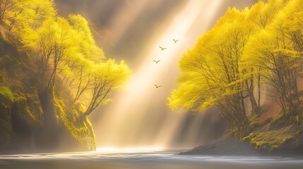 Majestic river landscape with golden foliage and ethereal light creating a serene atmosphere