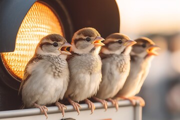 Obraz premium Singing Sparrows in Harmony: A charming image captures four sparrows perched harmoniously, their beaks agape as they sing, creating a delightful scene of avian chorus.