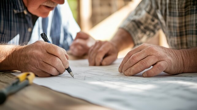 Two men collaborating on blueprints while planning a construction project outdoors during daylight
