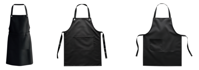 Set of black apron mockups isolated on transparent background, png, cutout