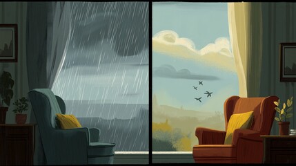 Rain or Shine: A split-scene panorama contrasts the dreary outside world during a rainstorm with the bright, clear, and optimistic view of a sunny day, conveying a message of hope.