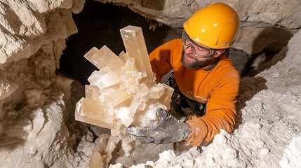 Miner discovering incredible gypsum crystals in cave, subterranean marvel adventure