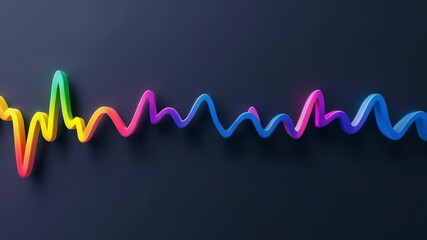 Sequence starting 3D neon-gradient waveform ribbon scrolling left on grey plane to simulate motion - Powered by Adobe