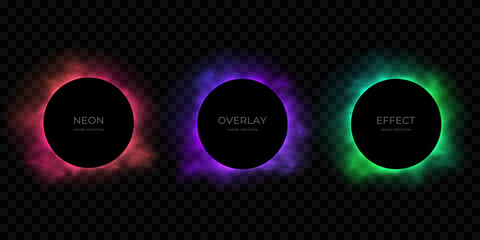 Set of glowing vibrant frames with neon smoke imitation isolated on black background. Pink, purple, green illumination, circle border designs. Abstract gradient colorful templates for banner, poster.