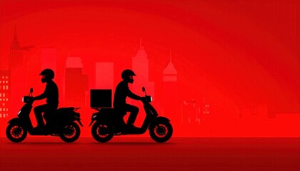Delivery Riders on Scooters with City Skyline Background in Red