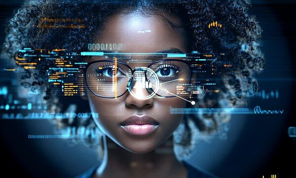 Young woman with glasses, digital data overlay.