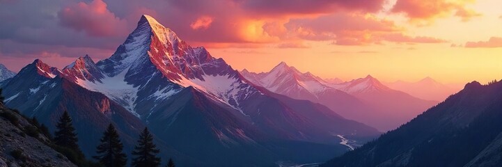 Golden Sunrise Paints Majestic Mountain Peaks, Serene Landscape, Breathtaking Vista, Adventure Awaits
