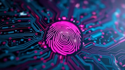 Pink fingerprint glowing on blue and red circuit board digital security, identity. Technology background for cyber security data protection concept. 4k video - Powered by Adobe