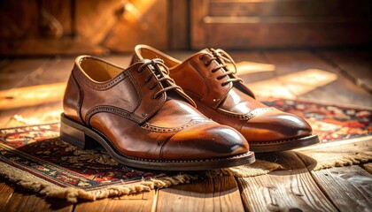 Elegant Brown Leather Dress Shoes on Wooden Floor with Rug