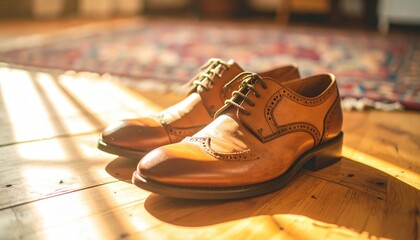 Elegant Brown Leather Shoes on Wooden Floor with Warm Sunlight