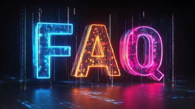 FAQ text on digital binary code background in web animation