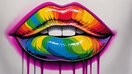 Growing magenta outline around rainbow lips in studio after mural completion, adding vibrant glow - Powered by Adobe