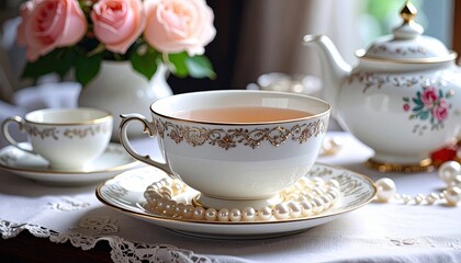 Elegant Teacup with Floral Design Surrounded by Roses and Pearls