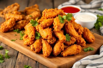 Crispy Fried Chicken Wings on Wooden Board with Dipping Sauces | Delicious Appetizer Food Photography | Restaurant Menu Image