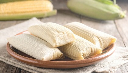 Fresh Homemade Tamales on Rustic Wooden Table with Corn Background