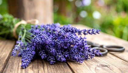 Fresh Lavender Bouquet with Scissors on Rustic Wooden Table