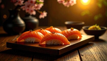 Fresh Salmon Sushi on Wooden Platter with Cherry Blossom Background
