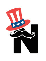 Letter N with Uncle Sam Hat and Mustache Clipart, Creative illustration of the letter N featuring an Uncle Sam hat and mustache, perfect for American patriotic celebrations, holiday themes, and brand
