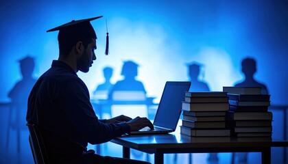 Graduate Student Working on Laptop Surrounded by Books and Peers