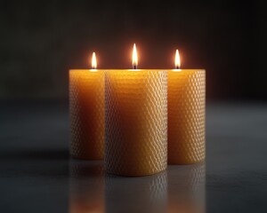 Three honey-colored candles with flickering flames