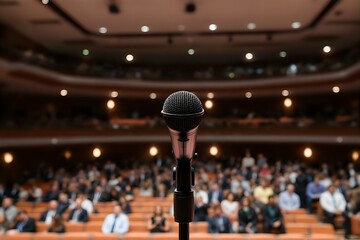 Microphone on Stage in Auditorium: Public Speaking, Conference, Presentation, Event, Audience, Theater, Performance, Lecture, Business, Education